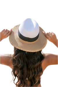 Fray-Edge Color Block Straw Panama Fedora Hat