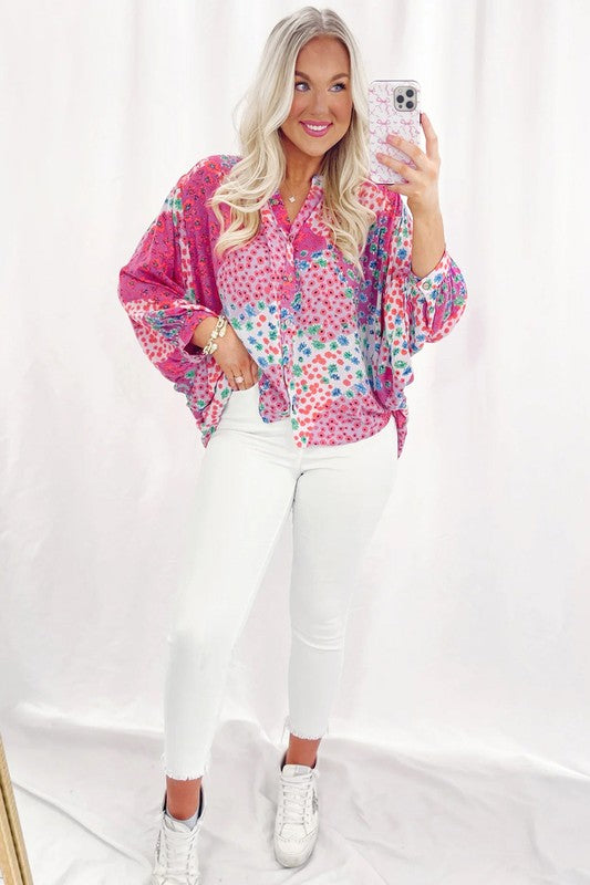 Print Buttoned V Neck Oversized Shirt