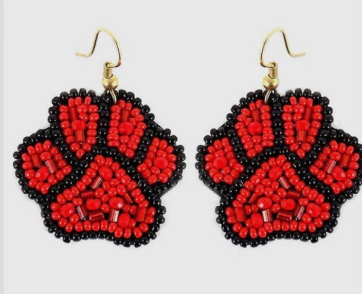 Red and Black Seed Bead Pawprint Earrings