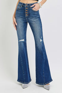 Risen Distressed Button-Fly Flare Jeans