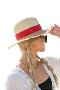 Fray-Edge Color Block Straw Panama Fedora Hat