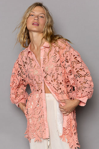 POL Collared Neck Button Up Lace Shirt - Gypsy Belle
