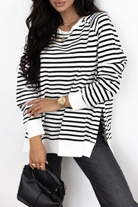 Stripe Raglan Sleeve Side Slits Loose Sweatshirt