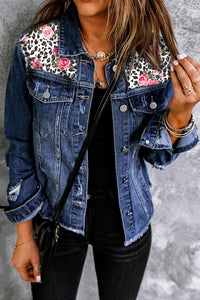 Mixed Print Distressed Button Front Denim Jacket - Gypsy Belle