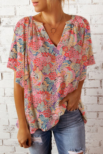 Floral Notched Neck Flutter Sleeve Blouse - Gypsy Belle