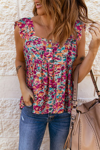 Floral Buttoned Ruffled Tank