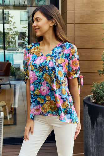 Floral V-Neck Tie Detail Blouse - Gypsy Belle