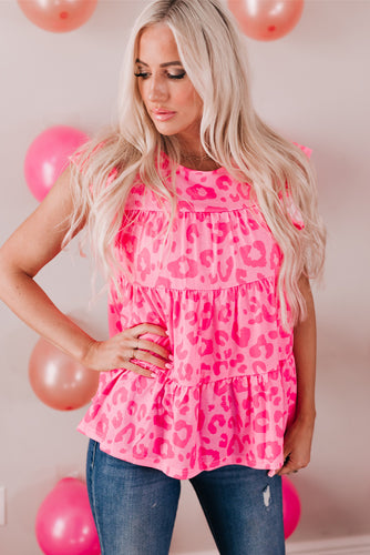 Leopard Round Neck Tiered Blouse - Gypsy Belle
