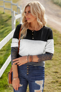 Color Block Spliced Lace Sleeve Ribbed Top - Gypsy Belle