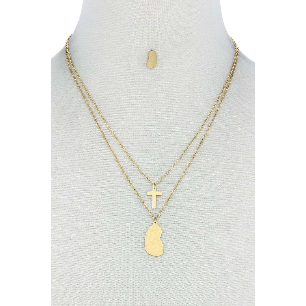 Stylish Double Layer Cross And Mary Necklace And Earring Set - Gypsy Belle